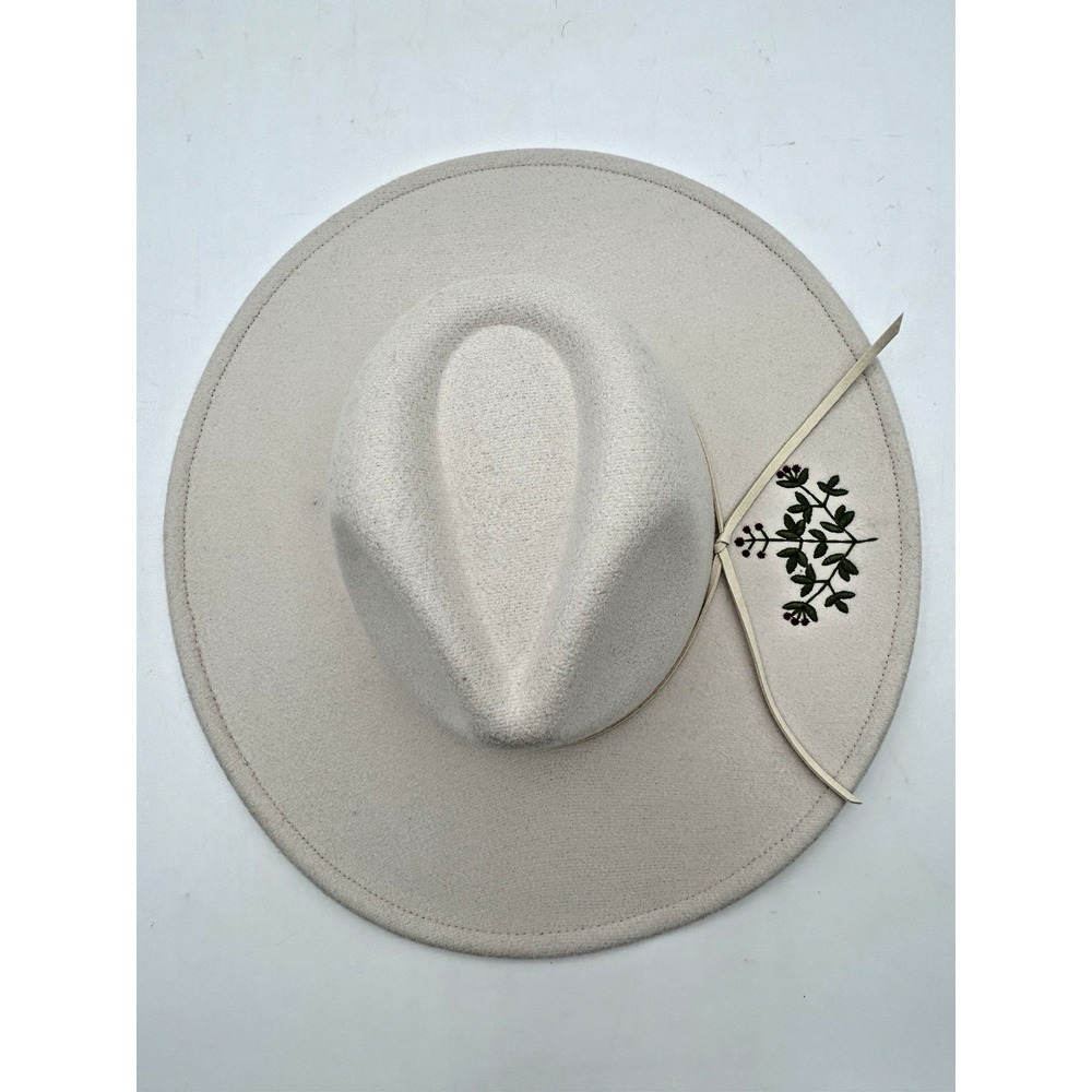 Womens Eggshell White Felt Wide Brim Fedora Hat Floral Embroidery Boho One Size